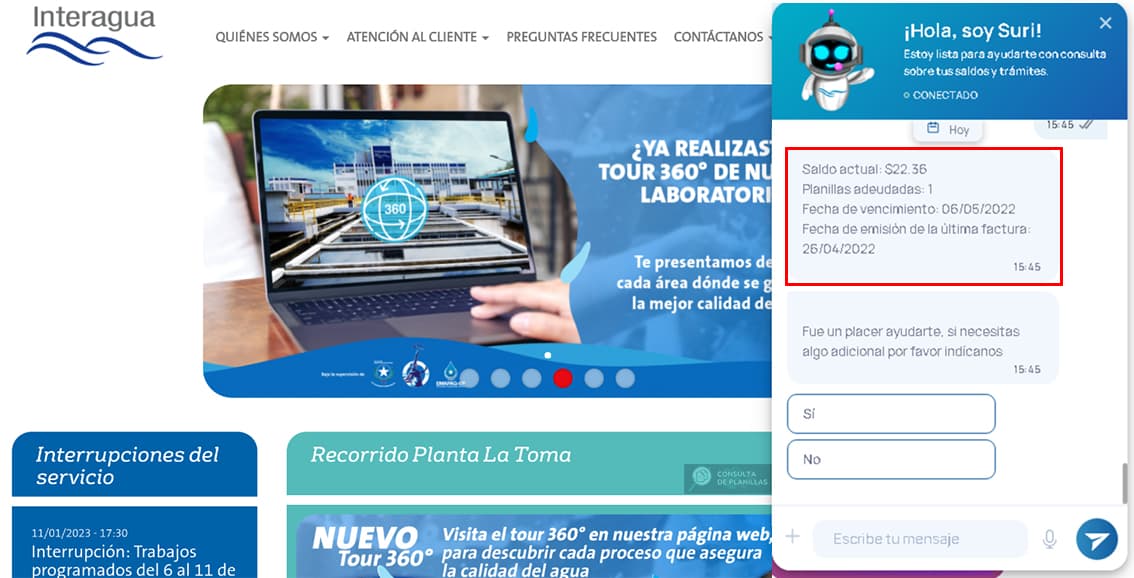 Guía para consultar la planilla de agua de Interagua con el asistente virtual Suri