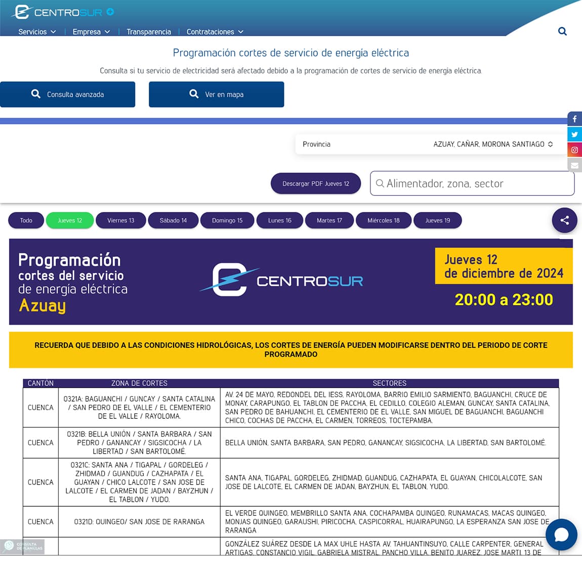 Cortes de energía eléctrica programados por CENTROSUR
