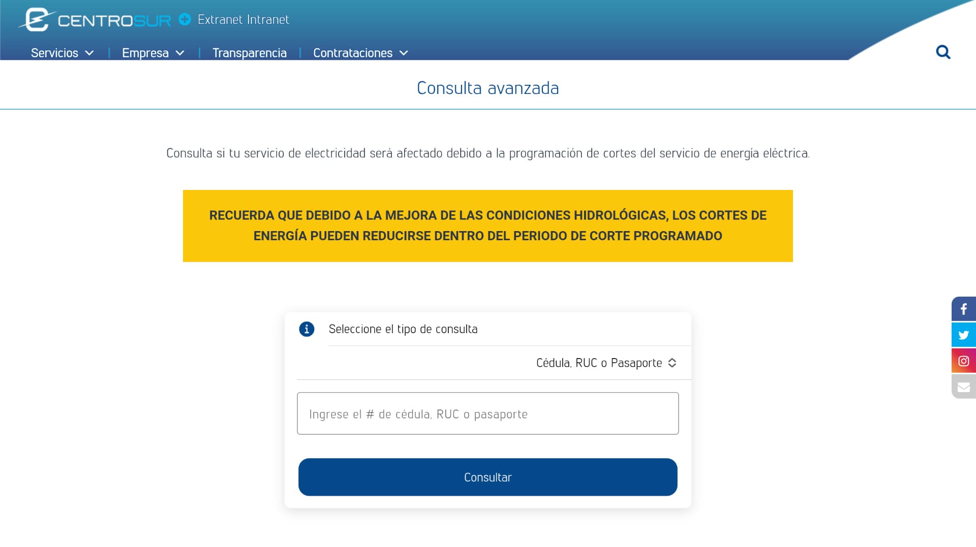 Cortes de energía eléctrica programados por CENTROSUR