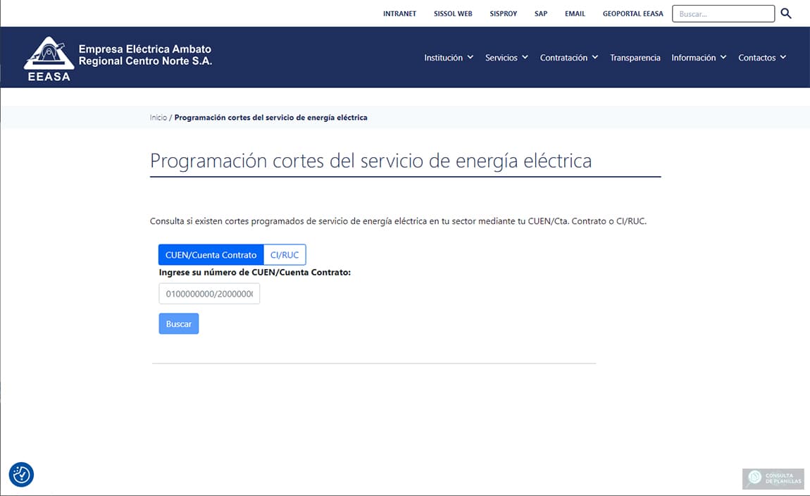 Cortes de energía eléctrica programados por EEASA (Empresa Eléctrica de Ambato)
