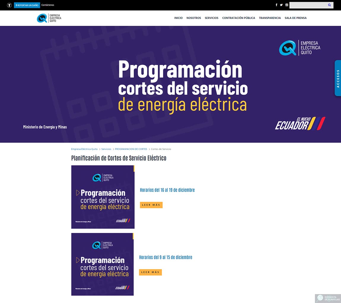 Cortes de energía eléctrica programados por la Empresa Eléctrica de Quito EEQ