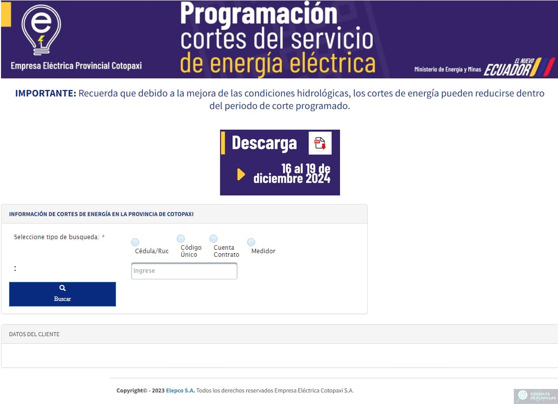 Cortes de energía eléctrica programados por la Empresa Eléctrica de Cotopaxi ELEPCOSA