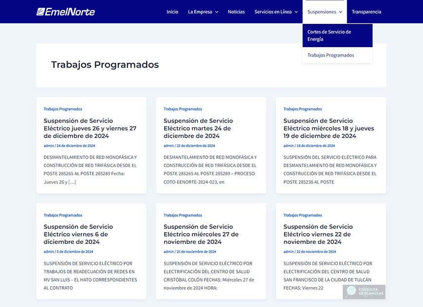 Cortes de energía eléctrica programados por EMELNORTE