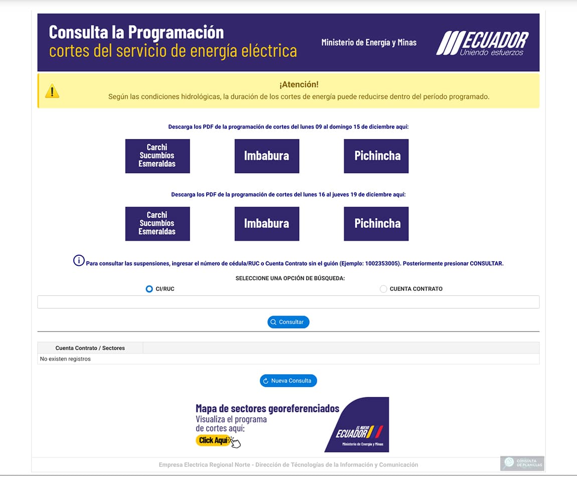 Cortes de energía eléctrica programados por EMELNORTE